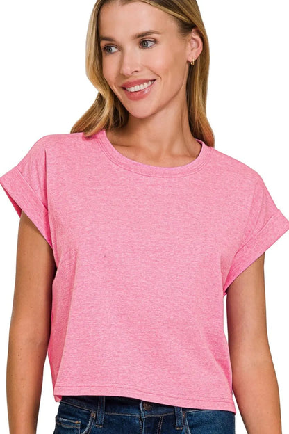 Zenana Rolled Sleeve Crop T-Shirt H HOT PINK