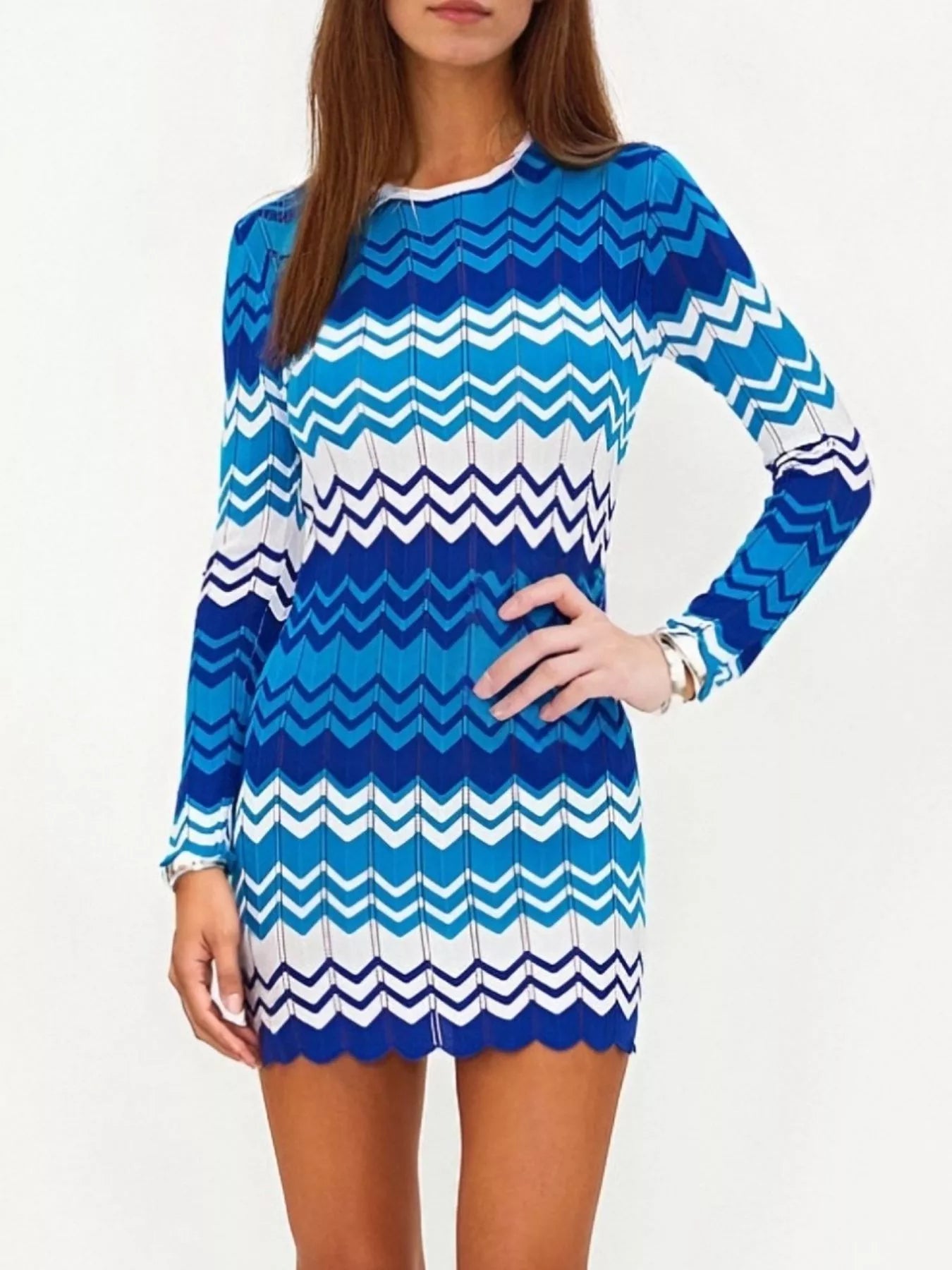 Openwork Wave Pattern Long Sleeve Sweater Dress