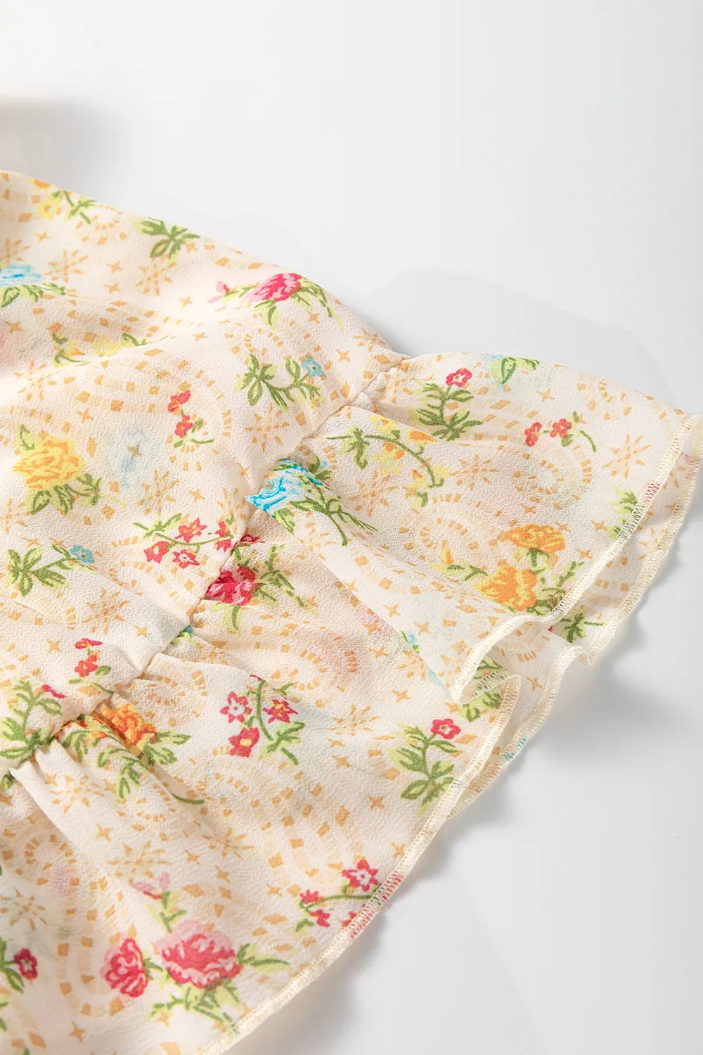 Boho Floral Tassel Tie V Neck Ruffle Wide Sleeve Mini Dress