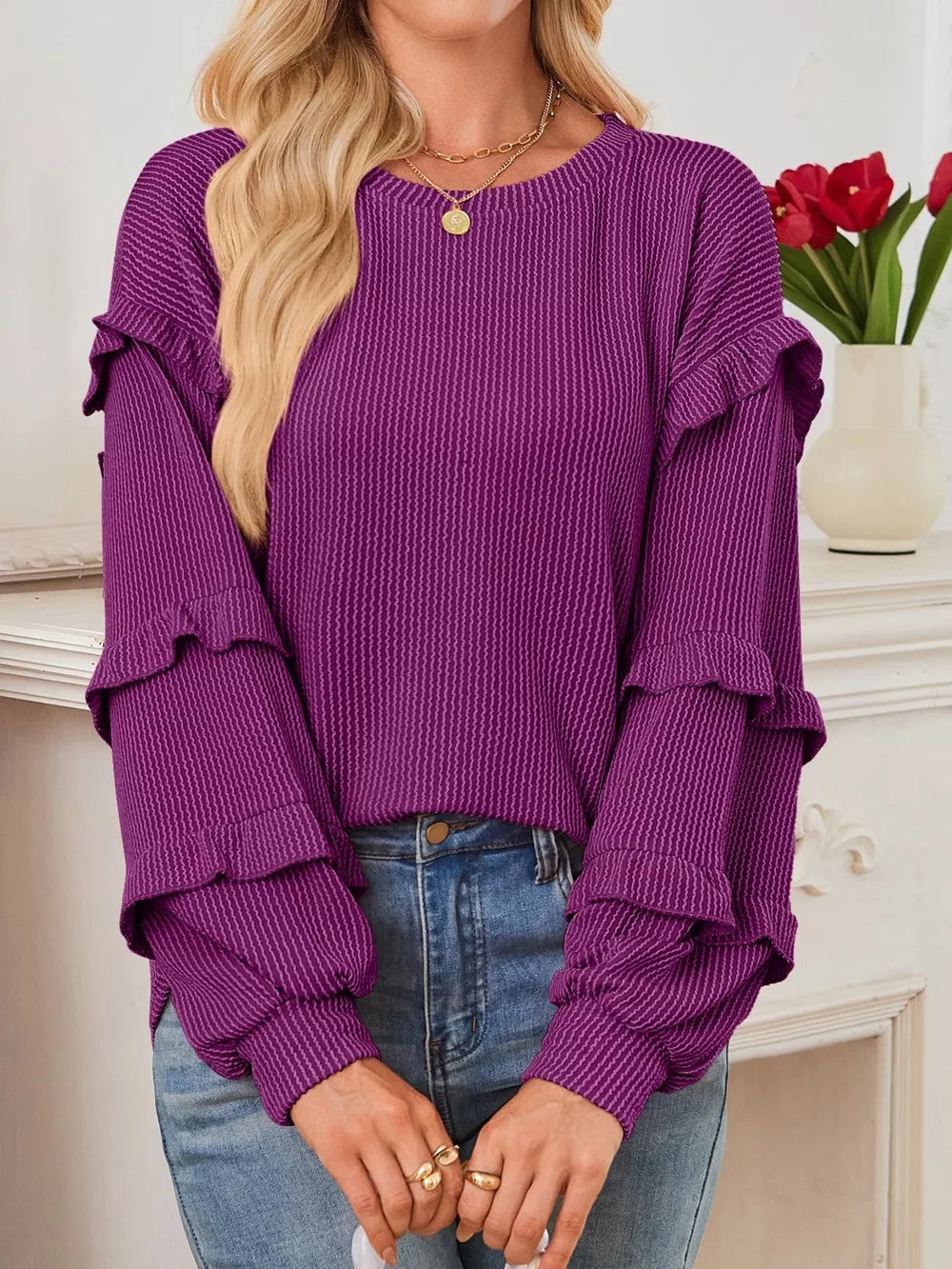 Round Neck Ruffled Long Sleeve Sweatshirt Red-Violet