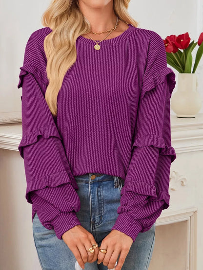 Round Neck Ruffled Long Sleeve Sweatshirt Red-Violet