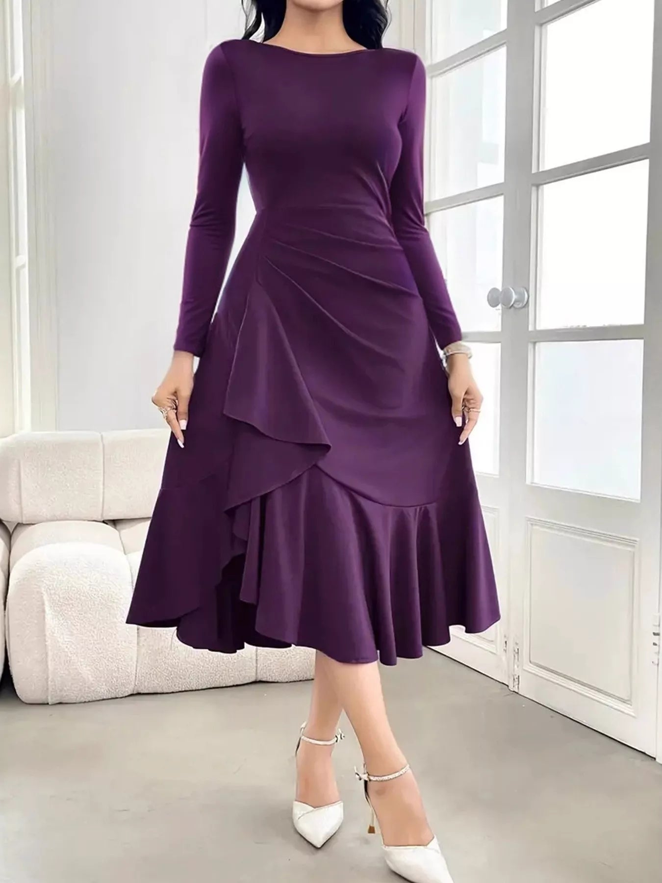 Ruffled Hem Long Sleeve Dress Purple