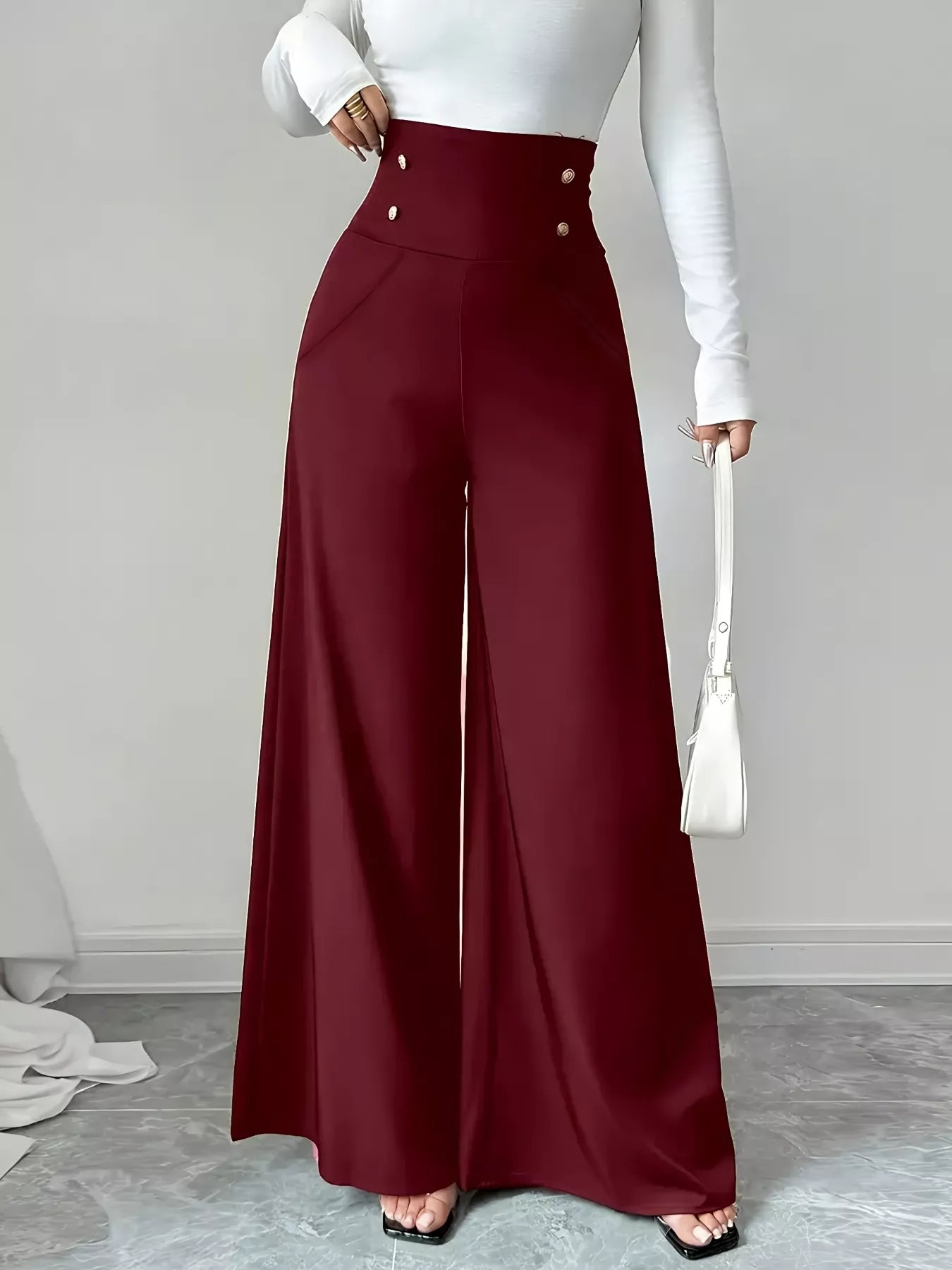 High Waist Wide Leg Button Decor Pants