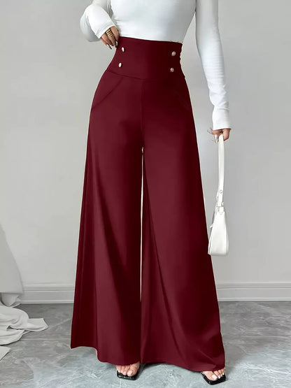 High Waist Wide Leg Button Decor Pants