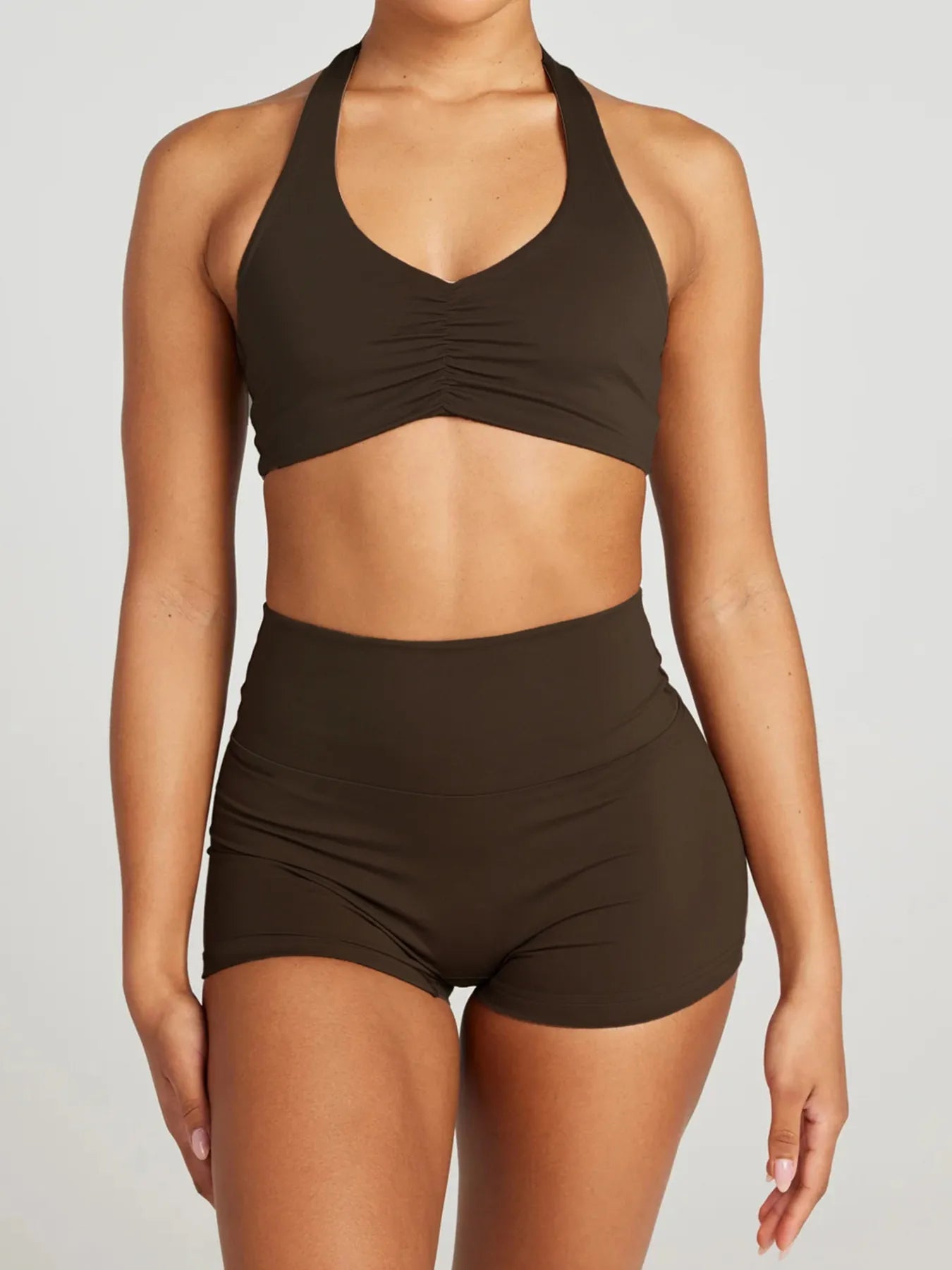 Halter Neck Cami and Shorts Active Set Brown