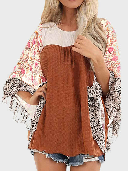 Full Size Printed Round Neck Three-Quarter Sleeve Blouse Caramel