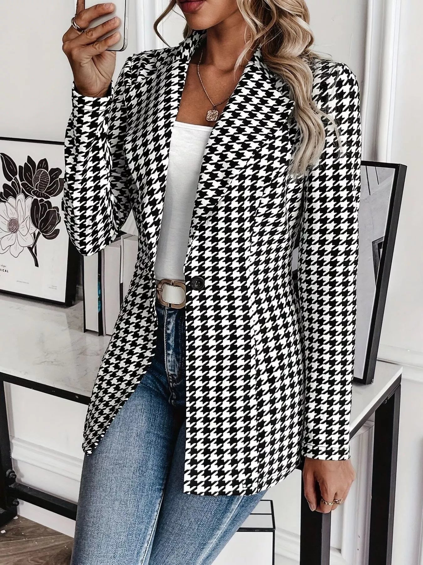 Houndstooth Print Lapel Collar Blazer Plaid