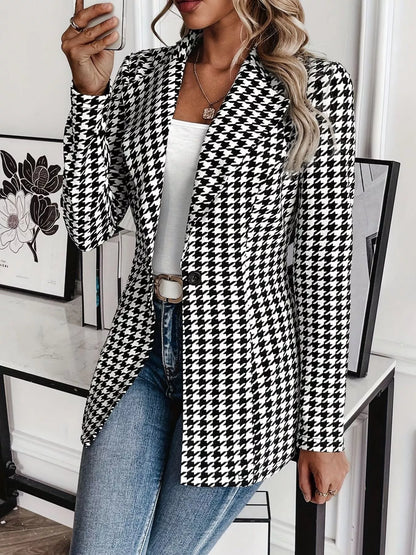 Houndstooth Print Lapel Collar Blazer Plaid
