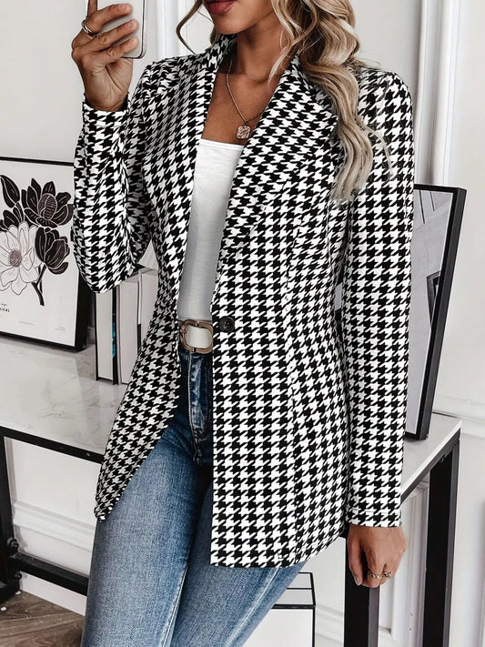 Houndstooth Print Lapel Collar Blazer Plaid