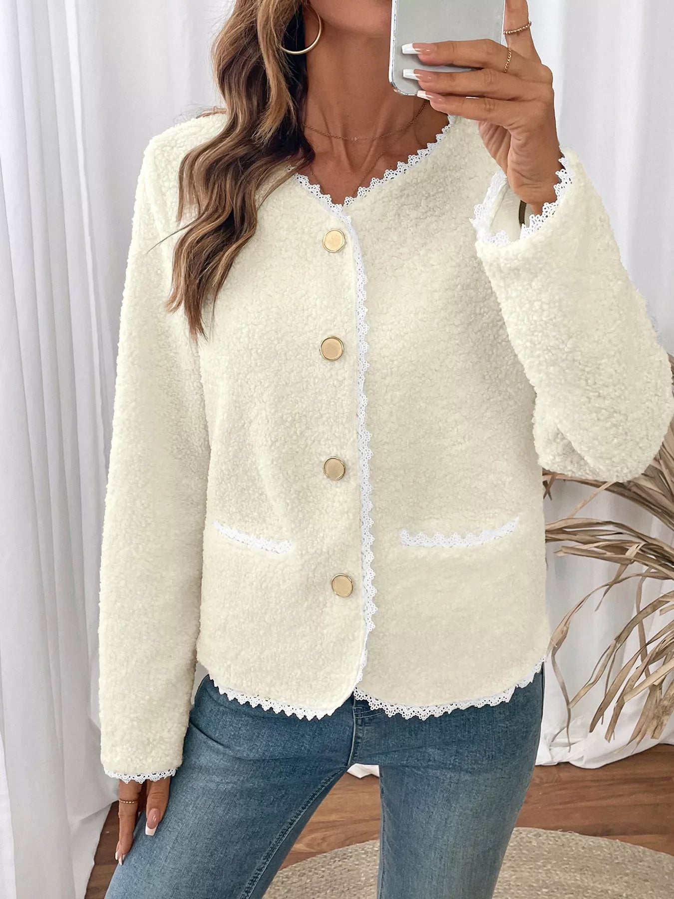 Lace Detail Button Up Long Sleeve Outerwear