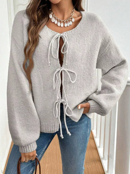 Tie-Front Long Sleeve Cardigan Gray