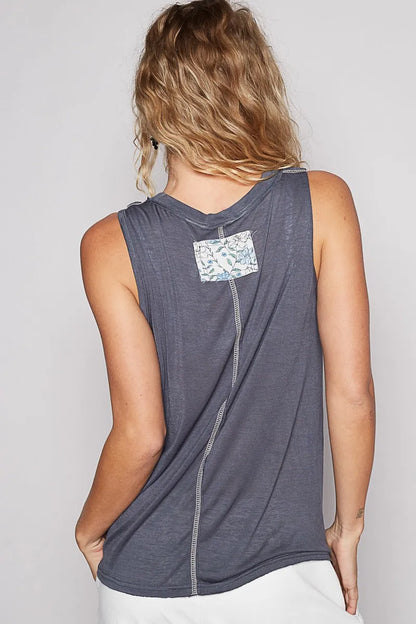 POL Floral Detail Pocket Patch Tank Top