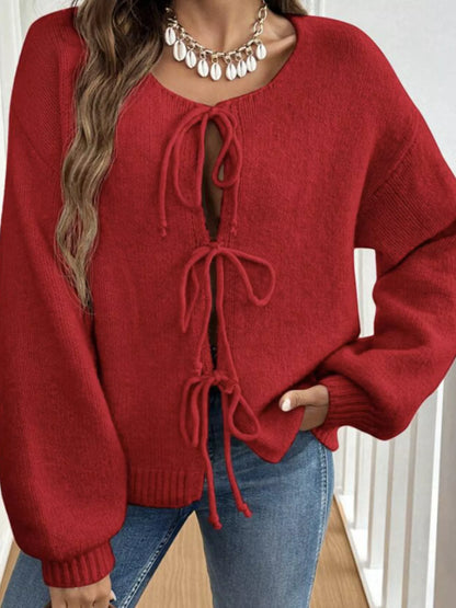 Tie-Front Long Sleeve Cardigan Red