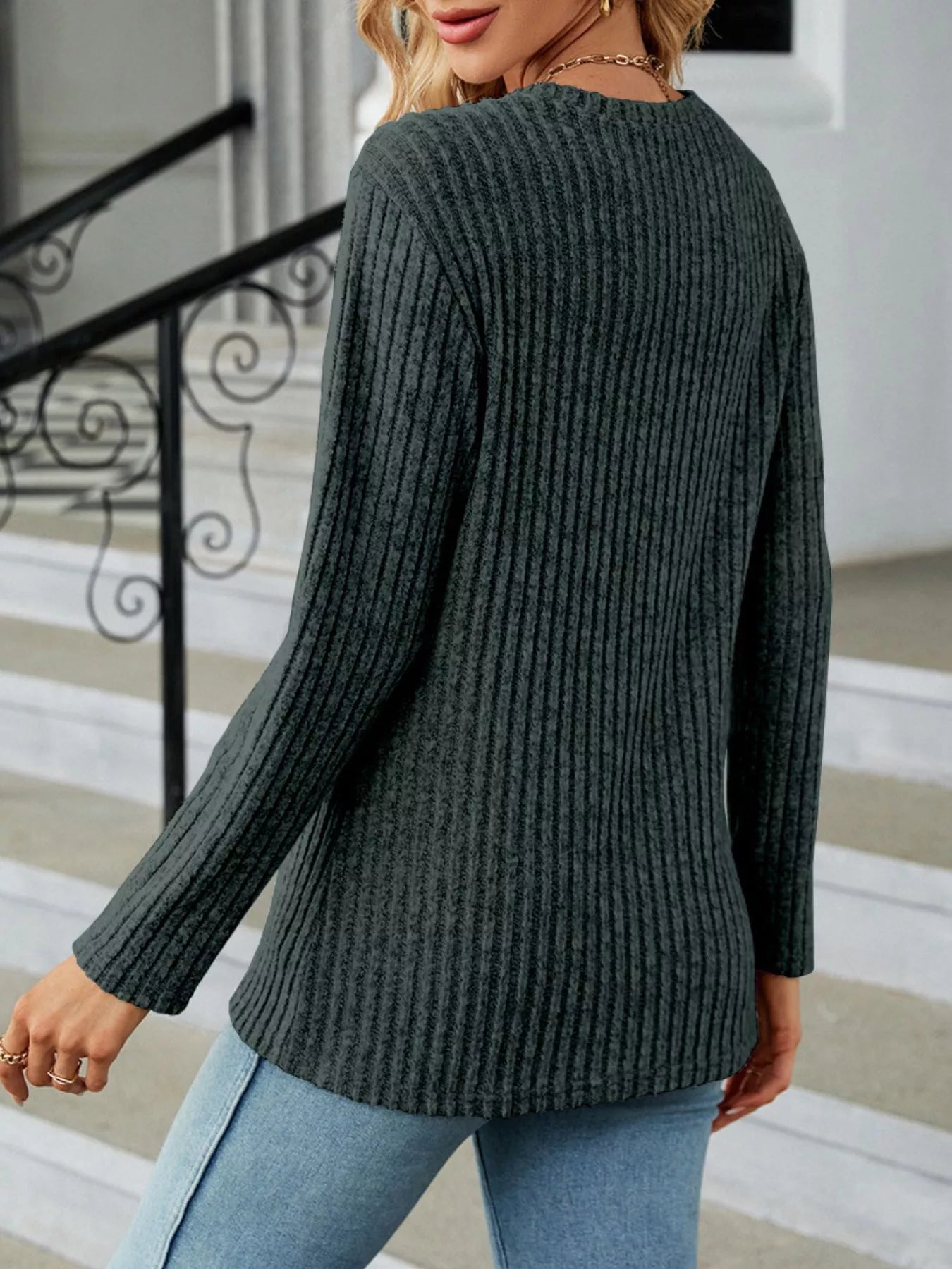 Ribbed Knit Decor Button T-Shirt
