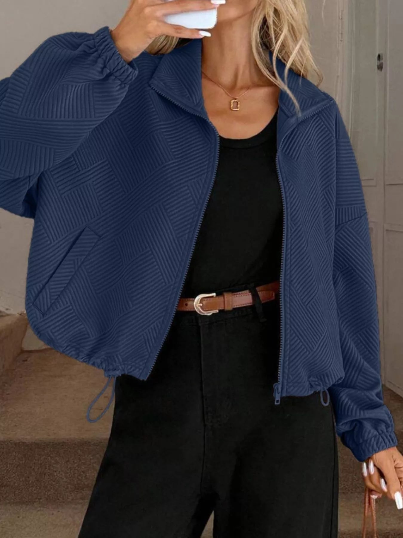 Textured Zip-Up Drawstring Hem Jacket