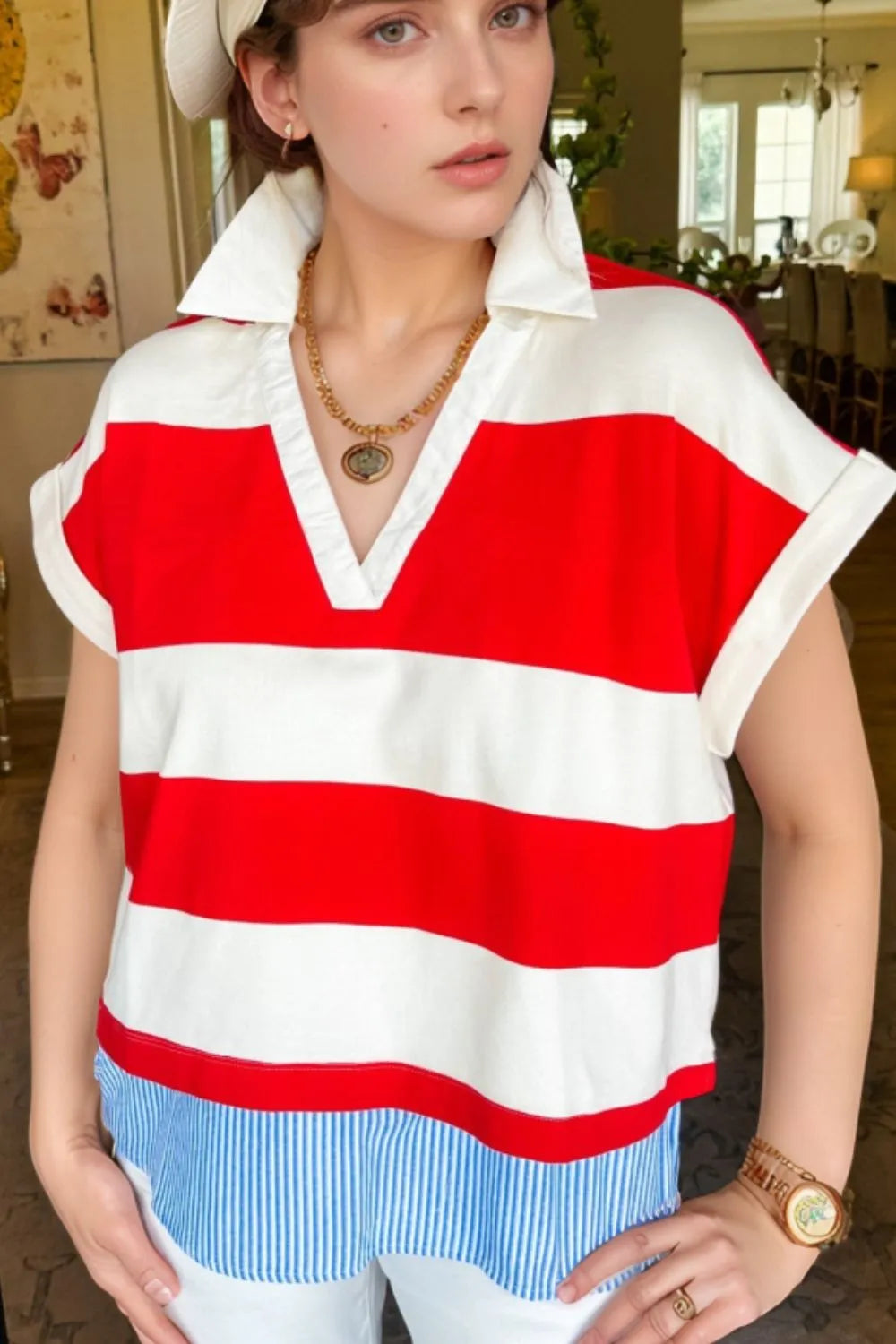 Stripe Collar V Neck Cuffed Dolman Short Sleeve Top Red