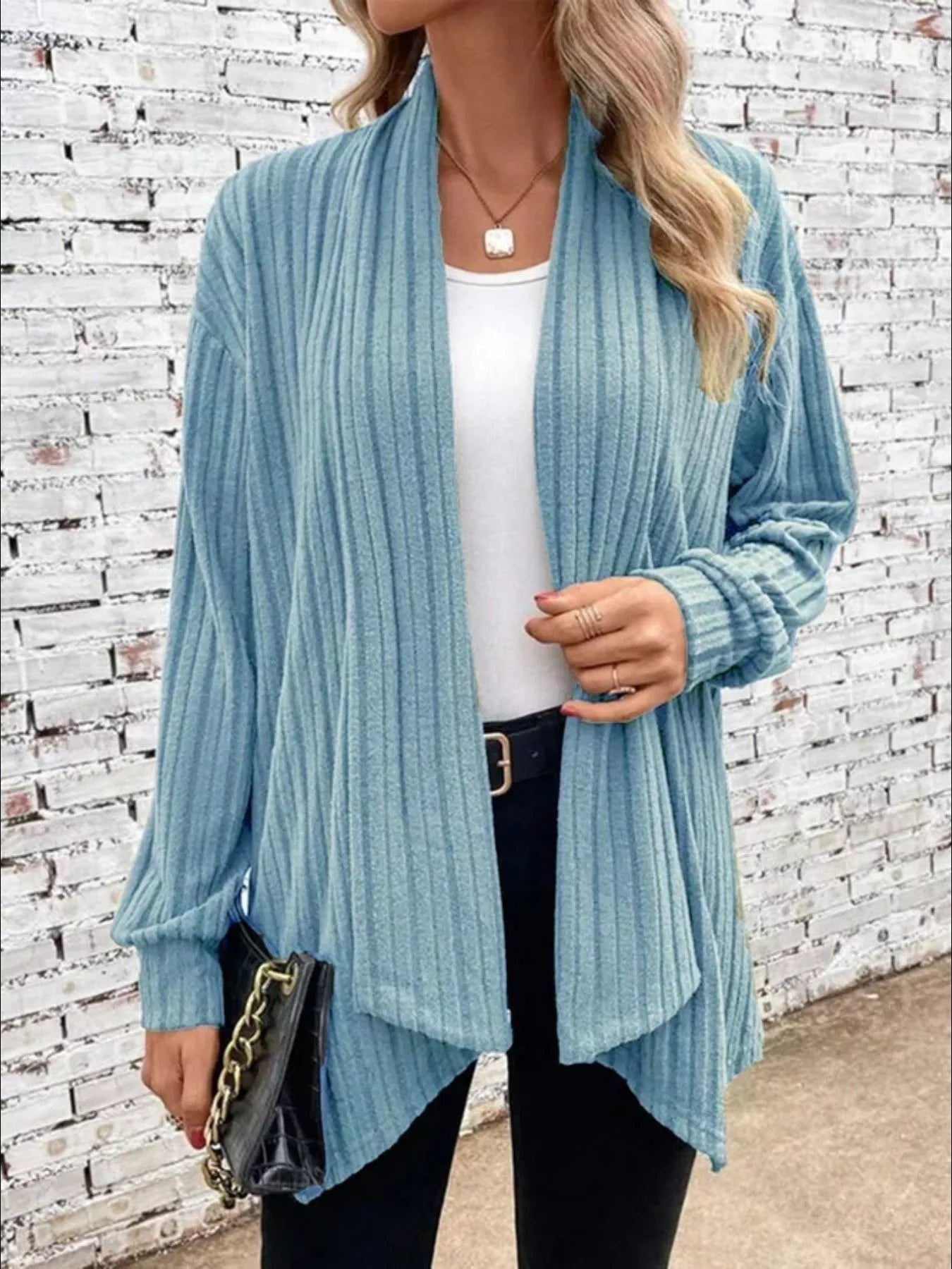 Full Size Ribbed Knit Open Front Cardigan Plus Size Sky Blue