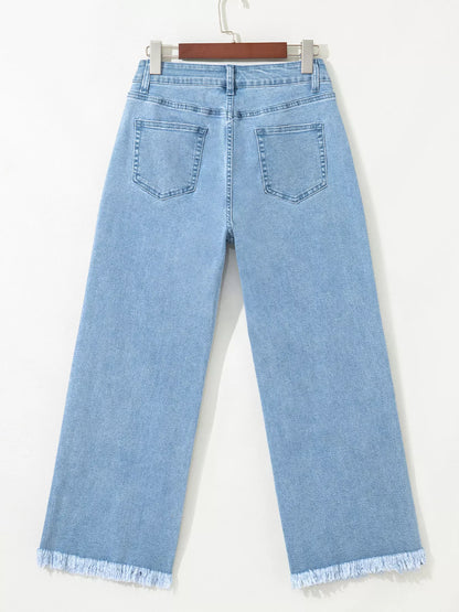 Colorful Sequin Christmas Tree Patched Raw Hem Cropped Wide Leg Jeans