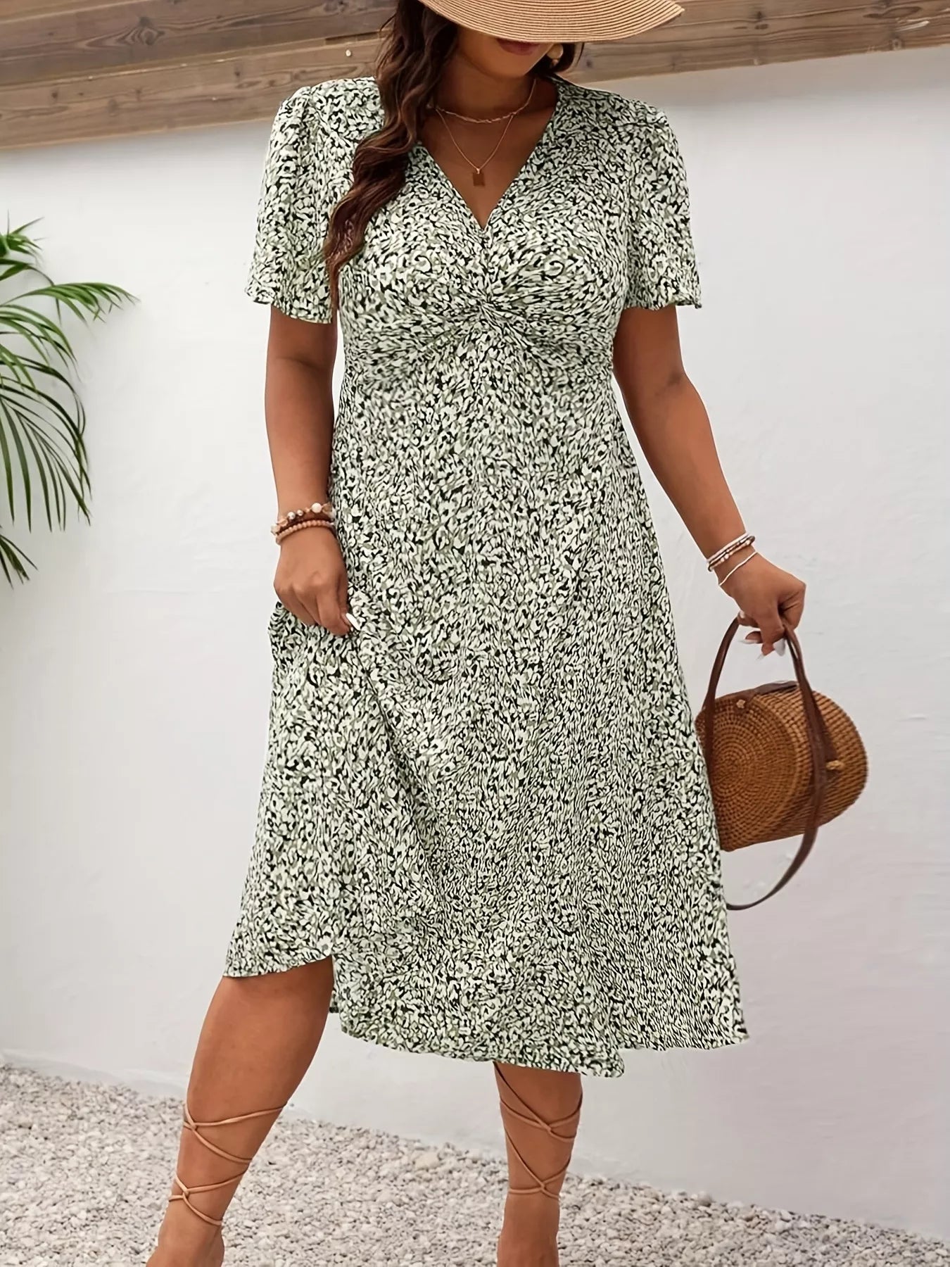 Plus Size Printed V-Neck Short Sleeve Midi Dress