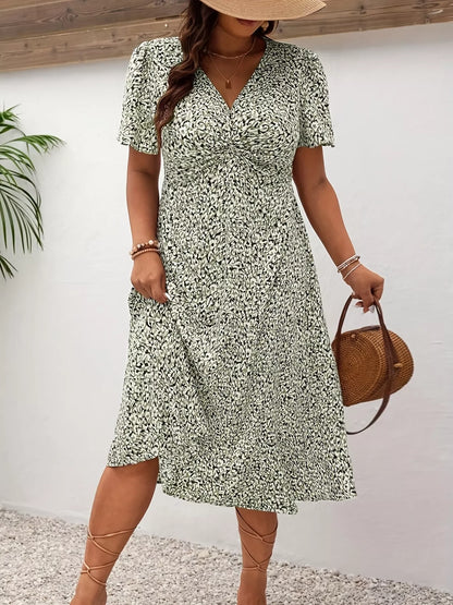 Plus Size Printed V-Neck Short Sleeve Midi Dress