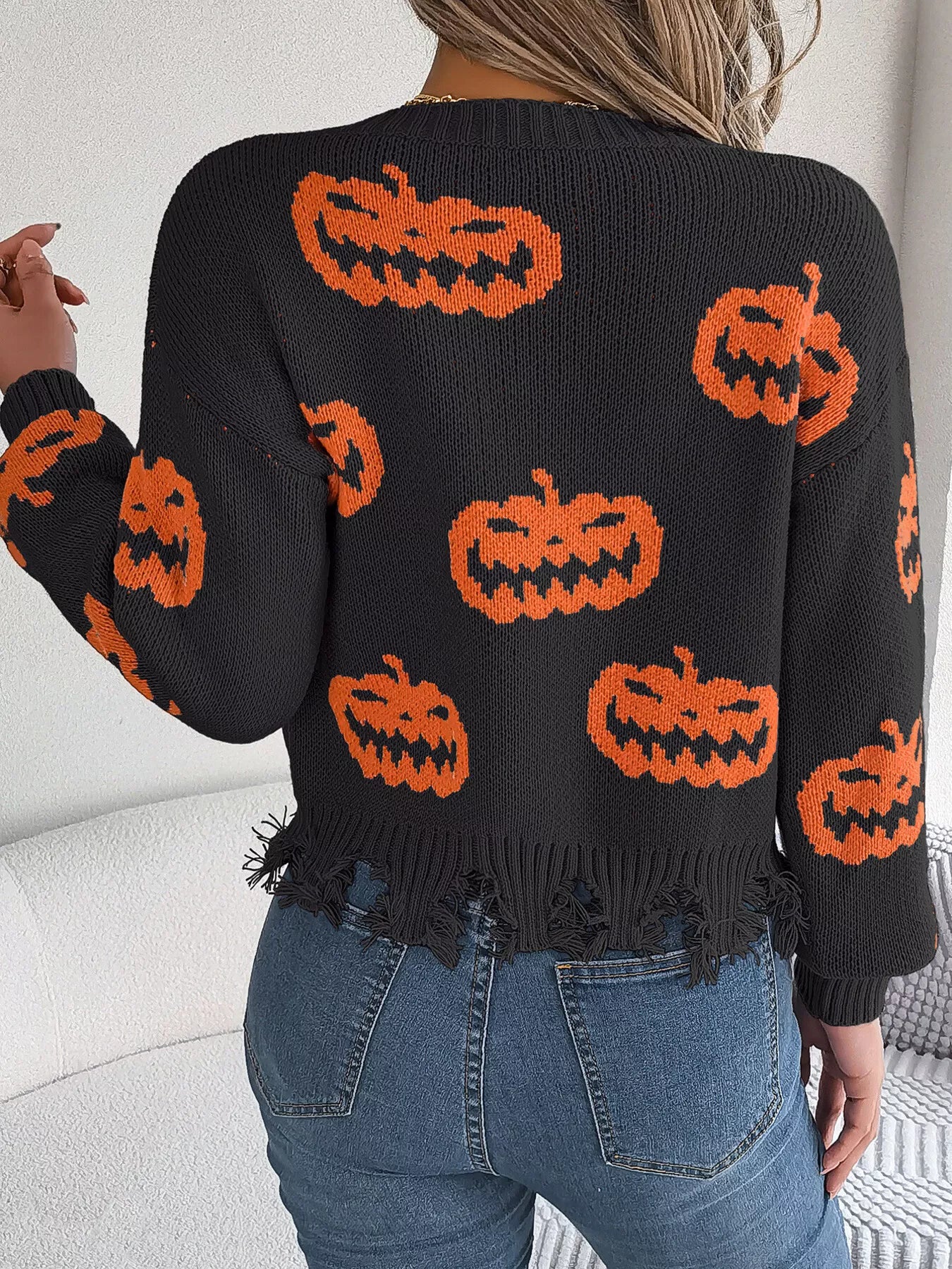 Halloween Pumpkin Pattern Raw Hem V-Neck Sweater