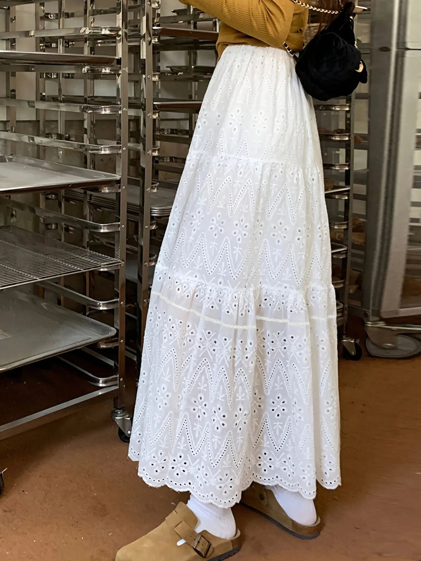 Eyelet Lace Tiered Maxi Skirt