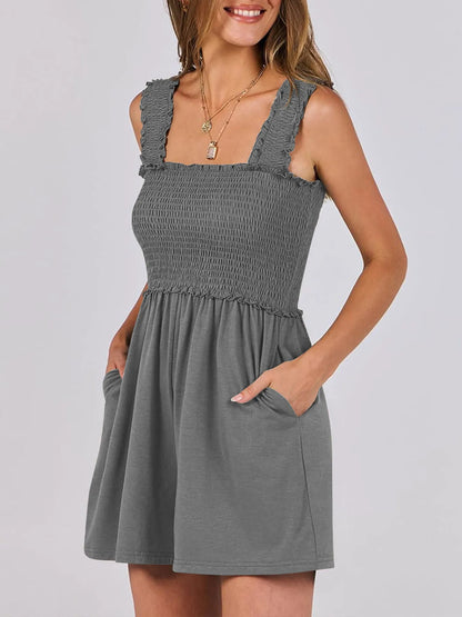 Smocked Square Neck Summer Romper Dark Gray