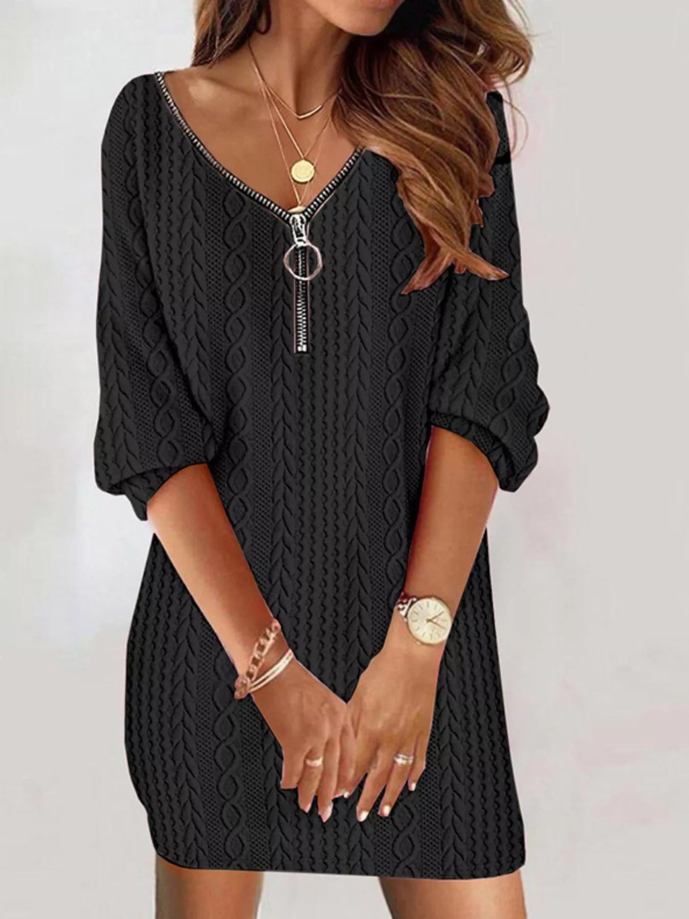 Zip Detail Textured Knit Mini Sweater Black