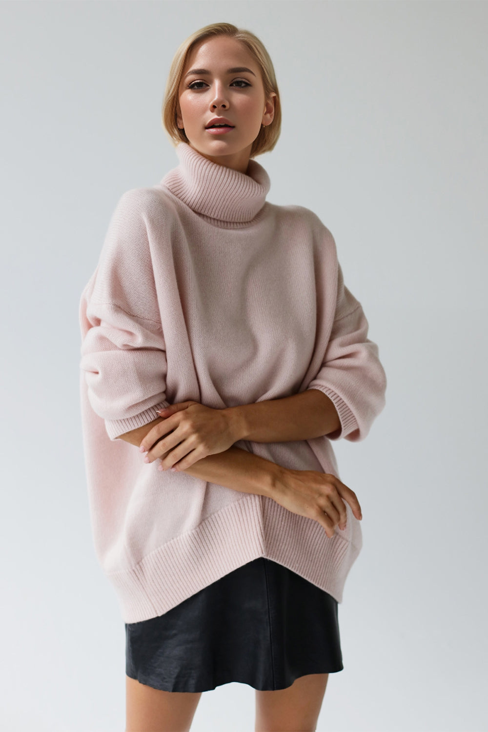 Back To School Sweater - Basic Bae Turtleneck Dropped Shoulder Long Sleeve Sweater Blush Pink One Size