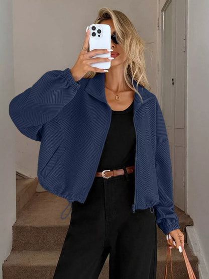 Drawstring Hem Textured Long Sleeve Jacket Navy