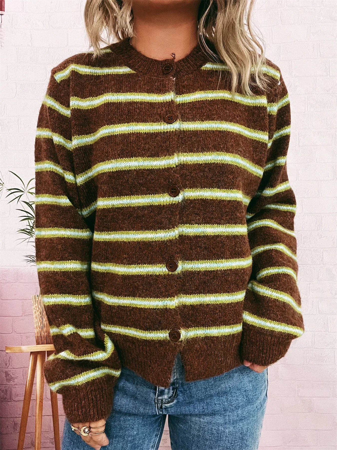 Striped Button-Up Long Sleeve Cardigan Brown One Size