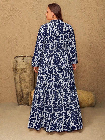 Plus Size Floral Print Notched Long Sleeve Maxi Dress
