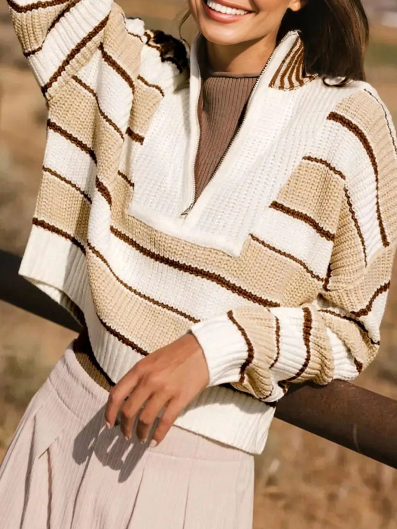 Stripe Half Zip Drop Shoulder Sweater Tan