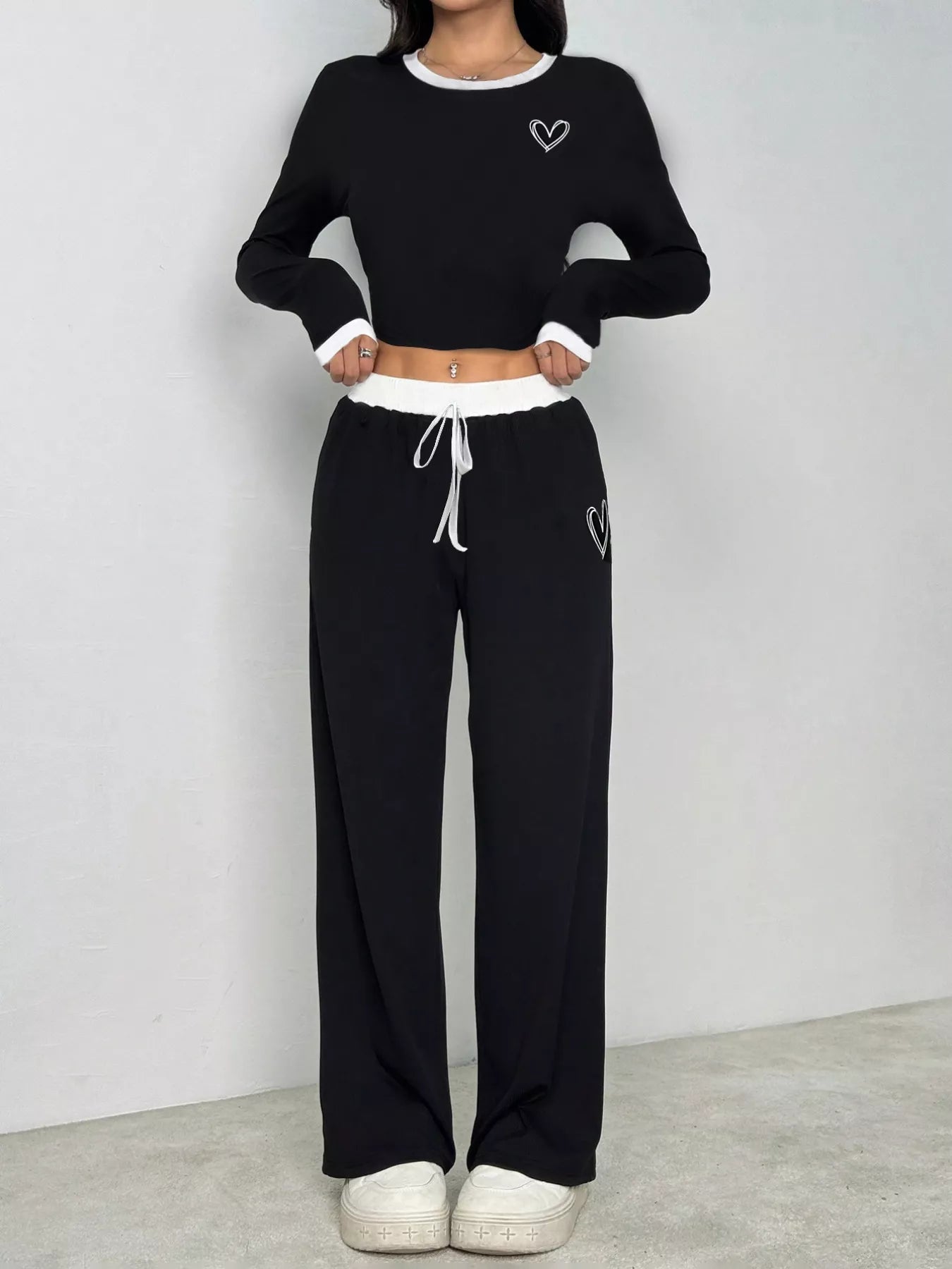 Contrast Trim Crop Top and Wide Leg Pants Set