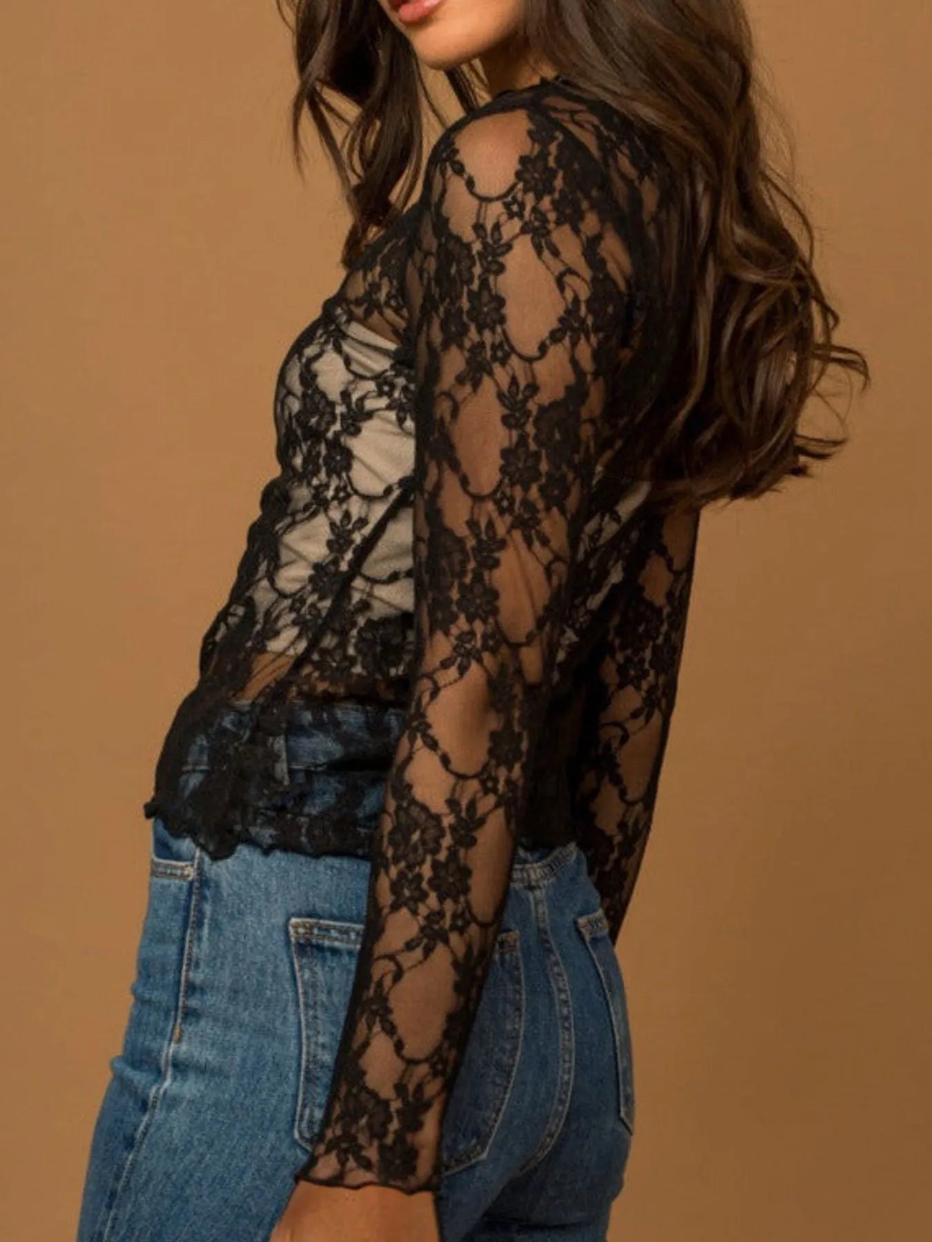 Mesh Floral Lace Long Sleeve T-Shirt