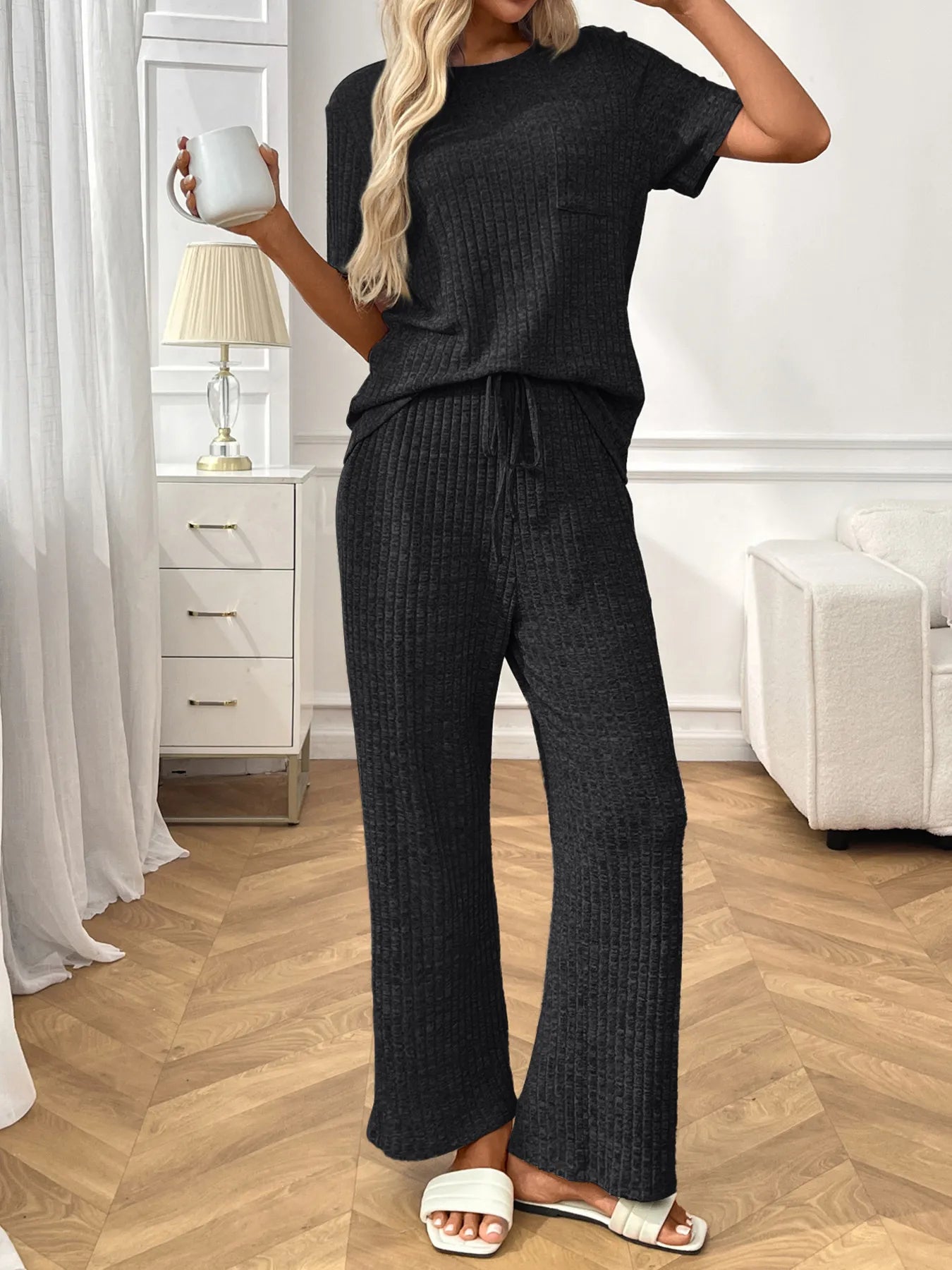 Ribbed Knit Short Sleeve Top and Pants Lounge Set Black Gray