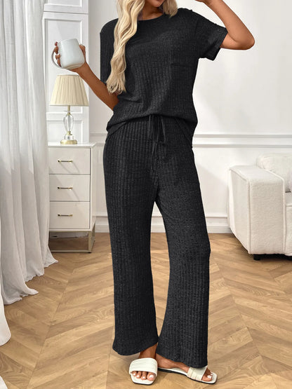 Ribbed Knit Short Sleeve Top and Pants Lounge Set Black Gray