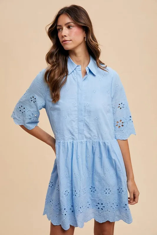 Annie Wear Embroidered Scallop Edge Detail Mini Shirt Dress