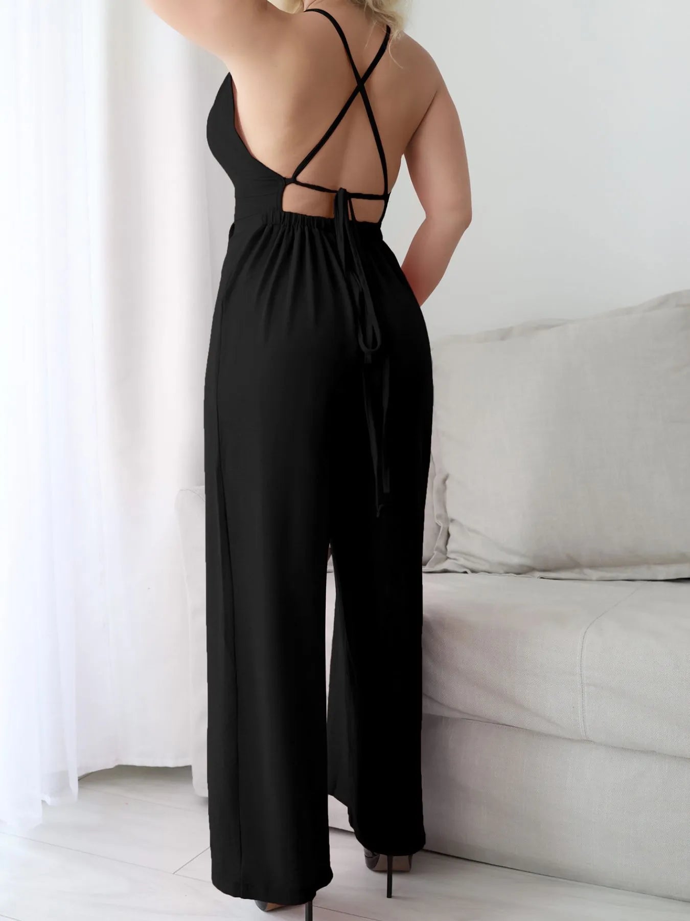Crisscross Back V-Neck Wide Leg Jumpsuit