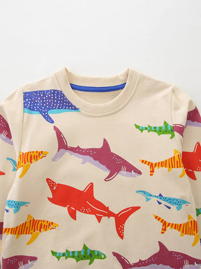 Children's Colorful Shark Print Crewneck Sweatshirt