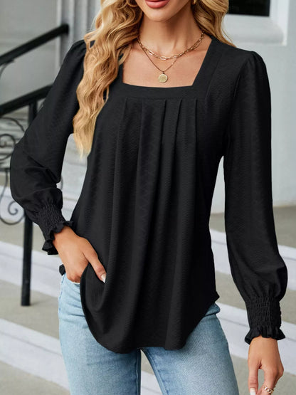Pleated Square Neck Long Sleeve Top Black
