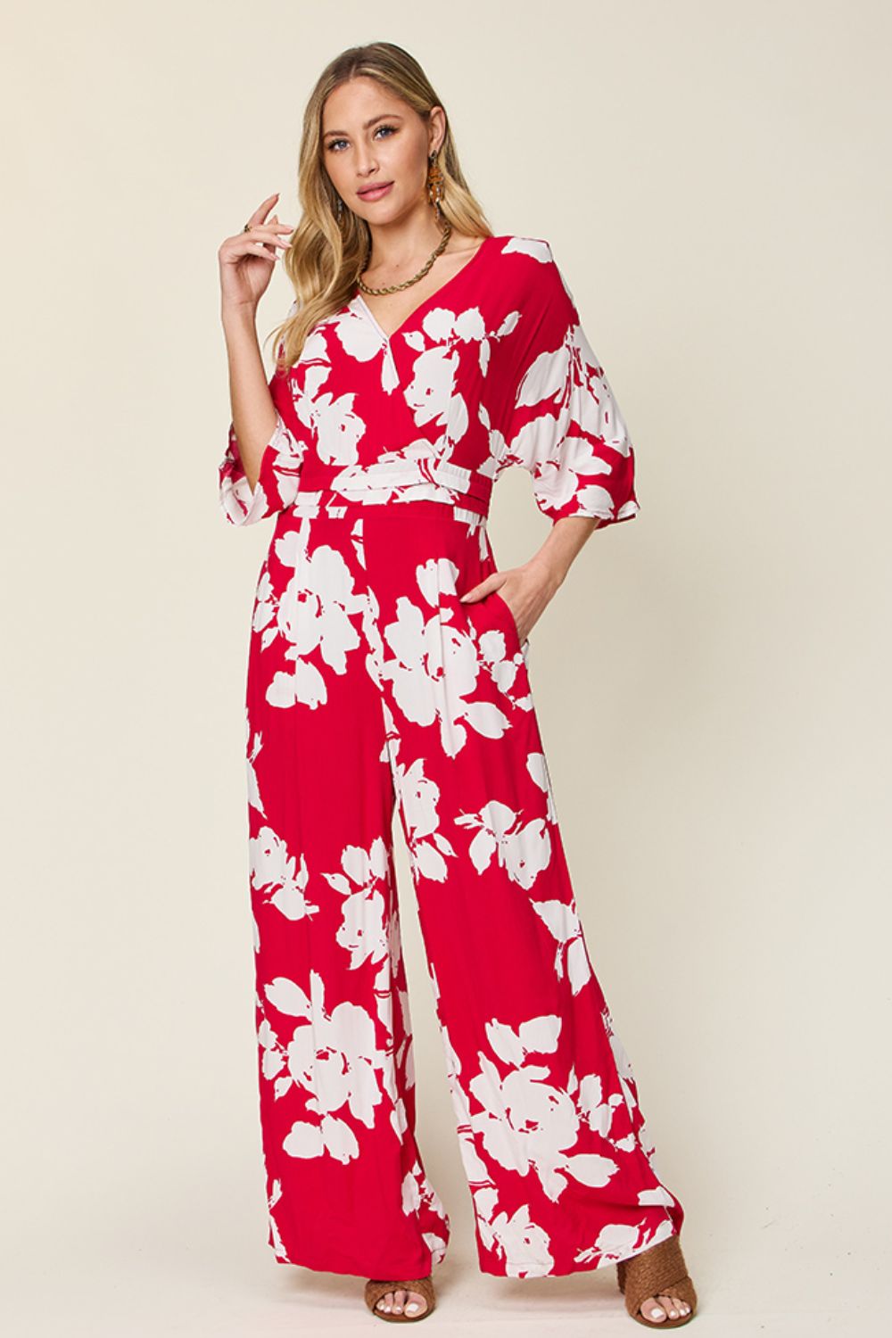Printed Tie-Back Wide-Leg Jumpsuit Deep Rose