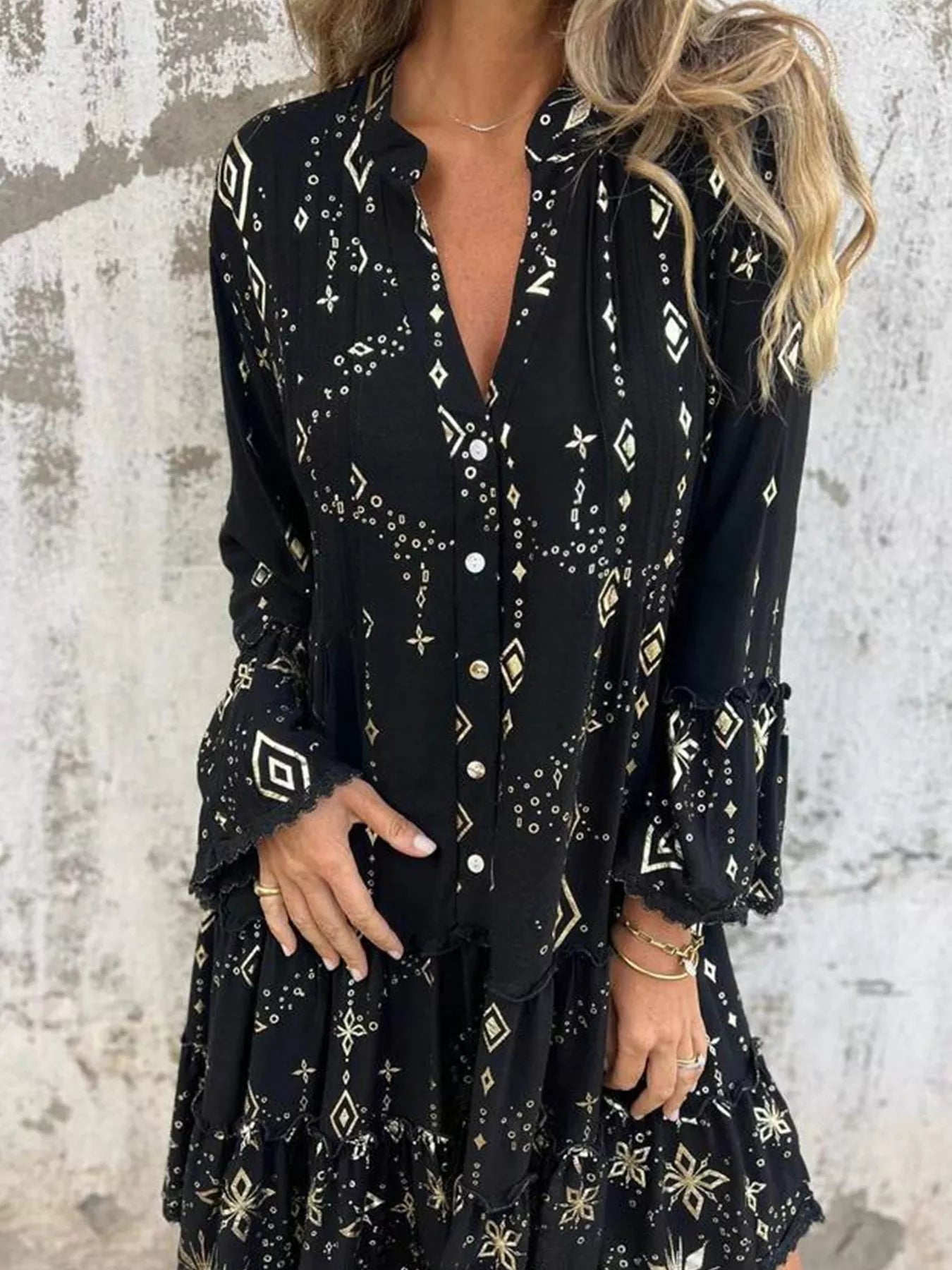 Full Size Printed Notched Flare Sleeve Dress Plus Size Black