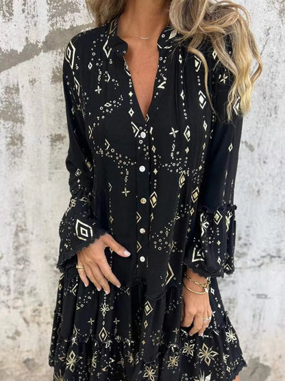 Full Size Printed Notched Flare Sleeve Dress Plus Size Black