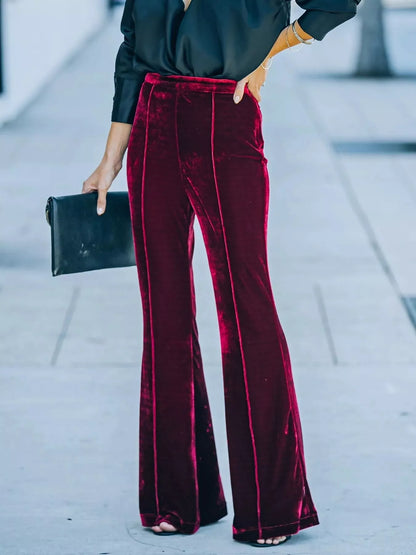 High-Waisted Wide Leg Velvet Pants Red