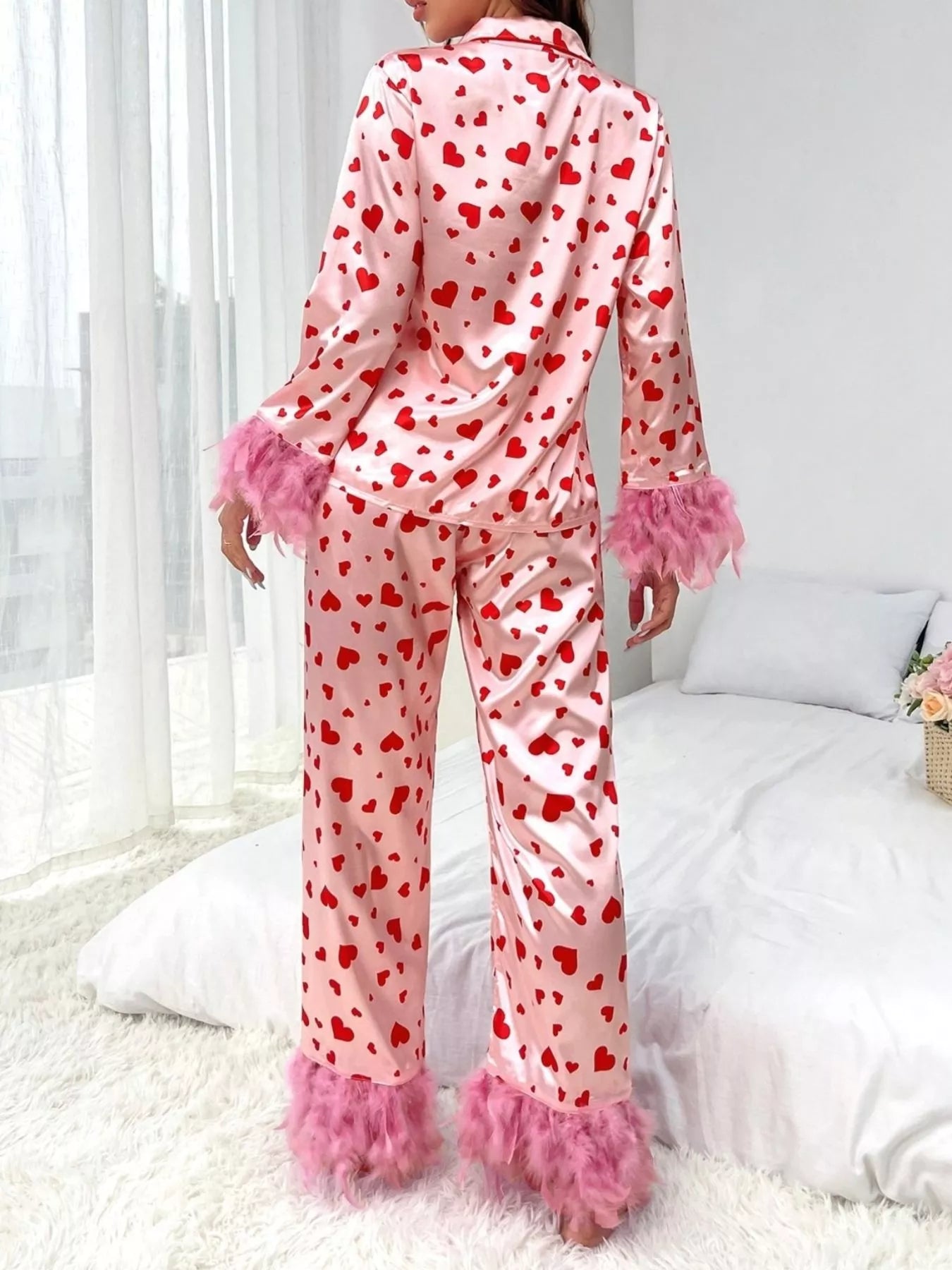 Heart Print Button Up Top and Pants Lounge Set