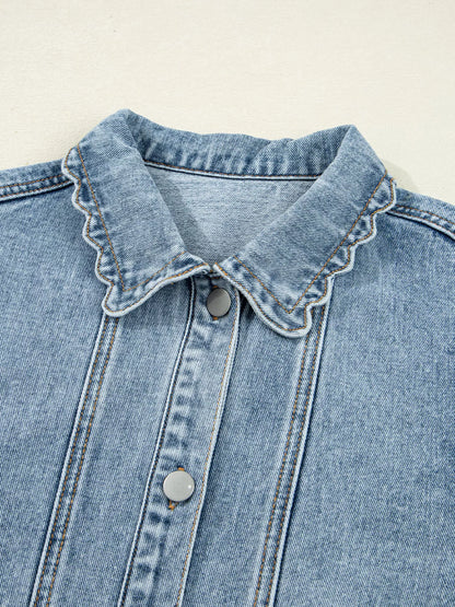 Scallop Trim Collar Patched Pocket Button Up Denim Jacket