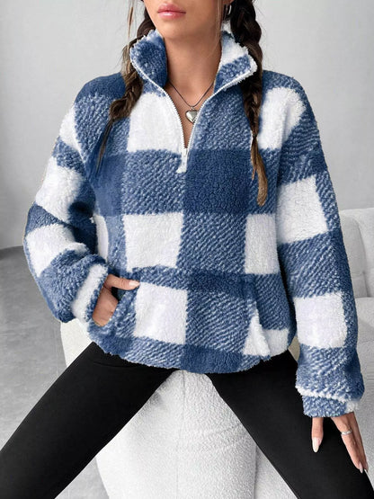 Full Size Plaid Sherpa Long Sleeve Sweatshirt Plus Size Blue
