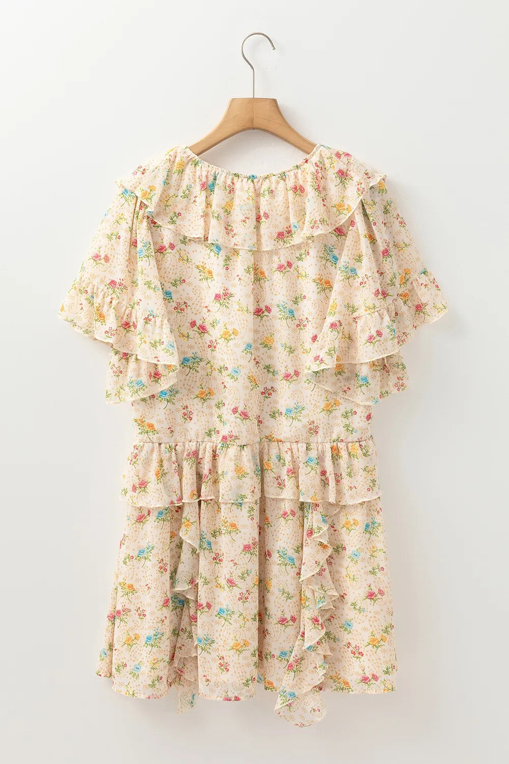 Boho Floral Tassel Tie V Neck Ruffle Wide Sleeve Mini Dress