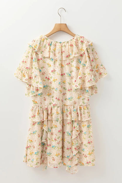 Boho Floral Tassel Tie V Neck Ruffle Wide Sleeve Mini Dress